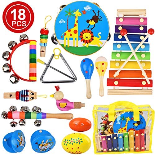 Toys for Toddlers: Villana Musical Instruments Toys for Toddler, 18Pcs Kids Musical Wooden Percussion Instruments with Storage Bag, Tambourine, Xylophone, Maracas, Castanets Preschool Educational Learning Toys for Kids