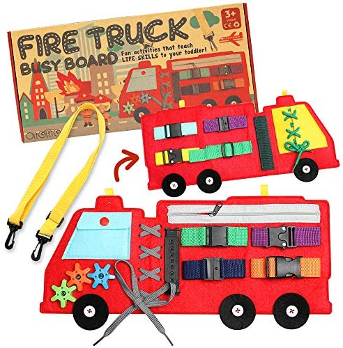 Toys and Games for Autistic Children: Busy Board, Firetruck Preschool Educational Early Learning Toy for Toddler, Basic Life Skills and Fine Motor Montessori Activities for Kids, Learn to Dress Sensory Toy as Airplane or Car Travel Game